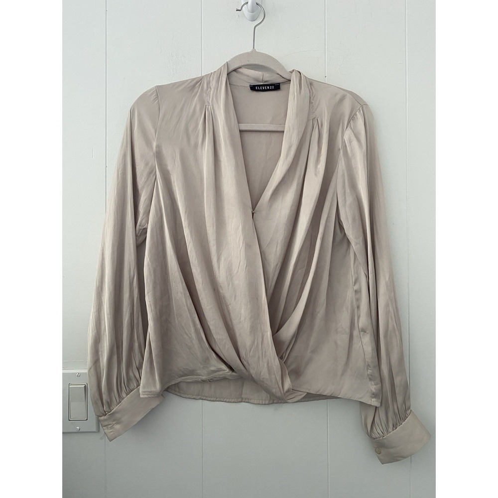 ELEVEN22 Wrap‎ Front Blouse Size S Champagne Satin Pleated Deep V-Neck Top
